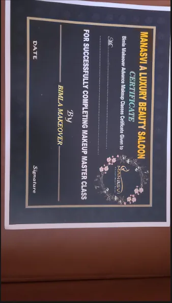 Manasvi A Luxury Beauty Saloon makeup master class completion certificate by Bimla Makeover