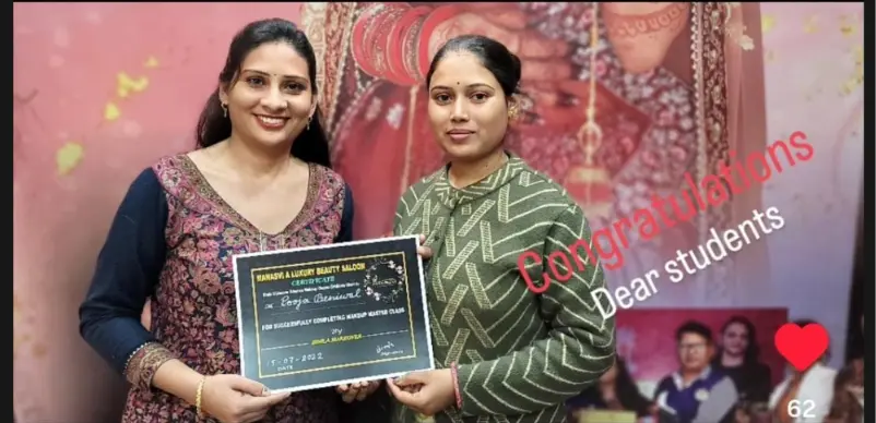 Manasvi trainer and student celebrating successful makeup training certificate completion