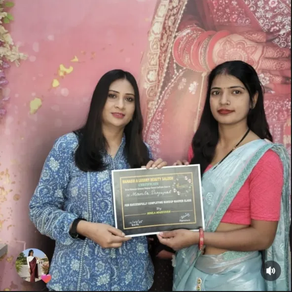 Manasvi makeup master class student displaying her professional training completion certificate